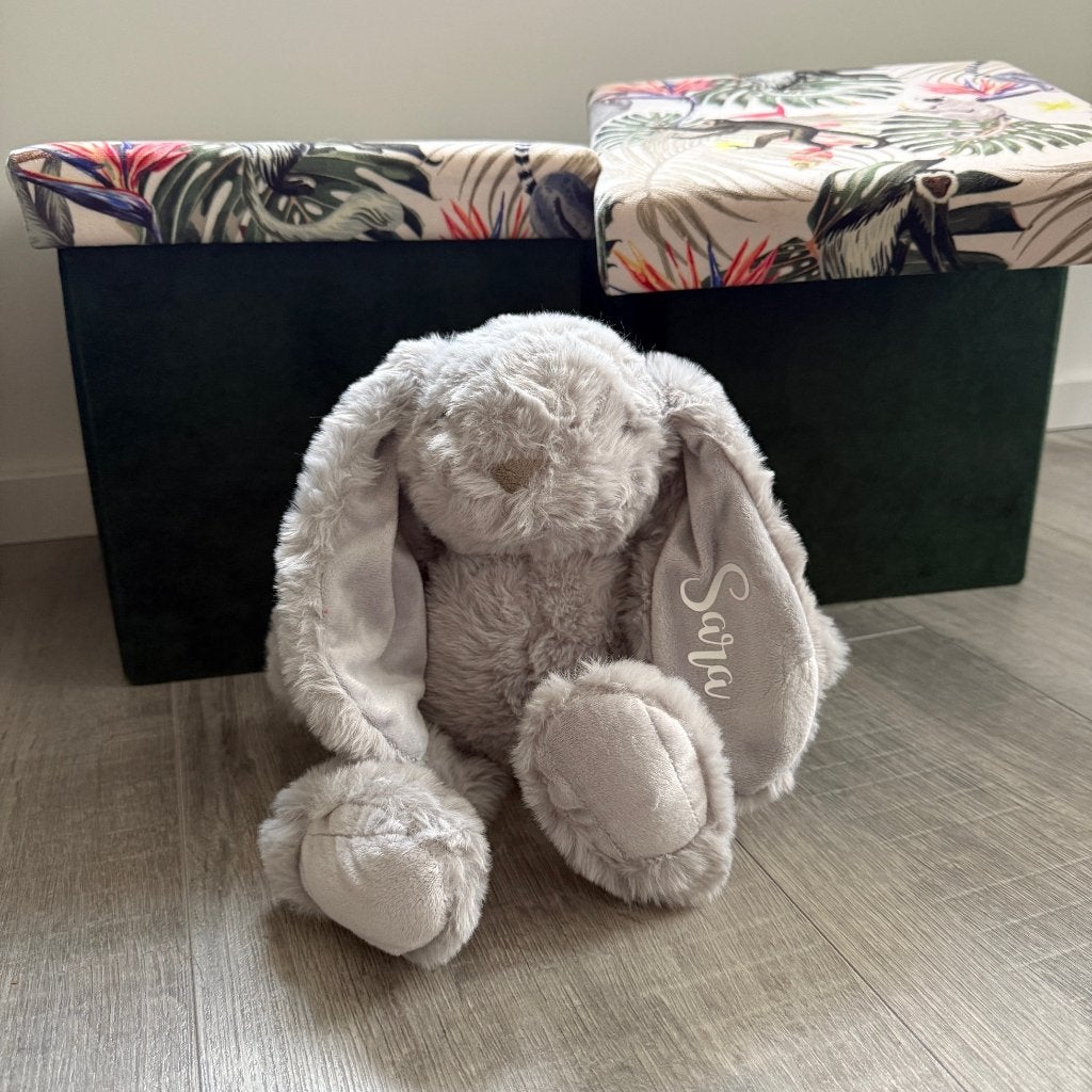 Knuffel konijn grijs met naam gepersonaliseerd, Ophalen of Verzenden, Nieuw, Kraamcadeau