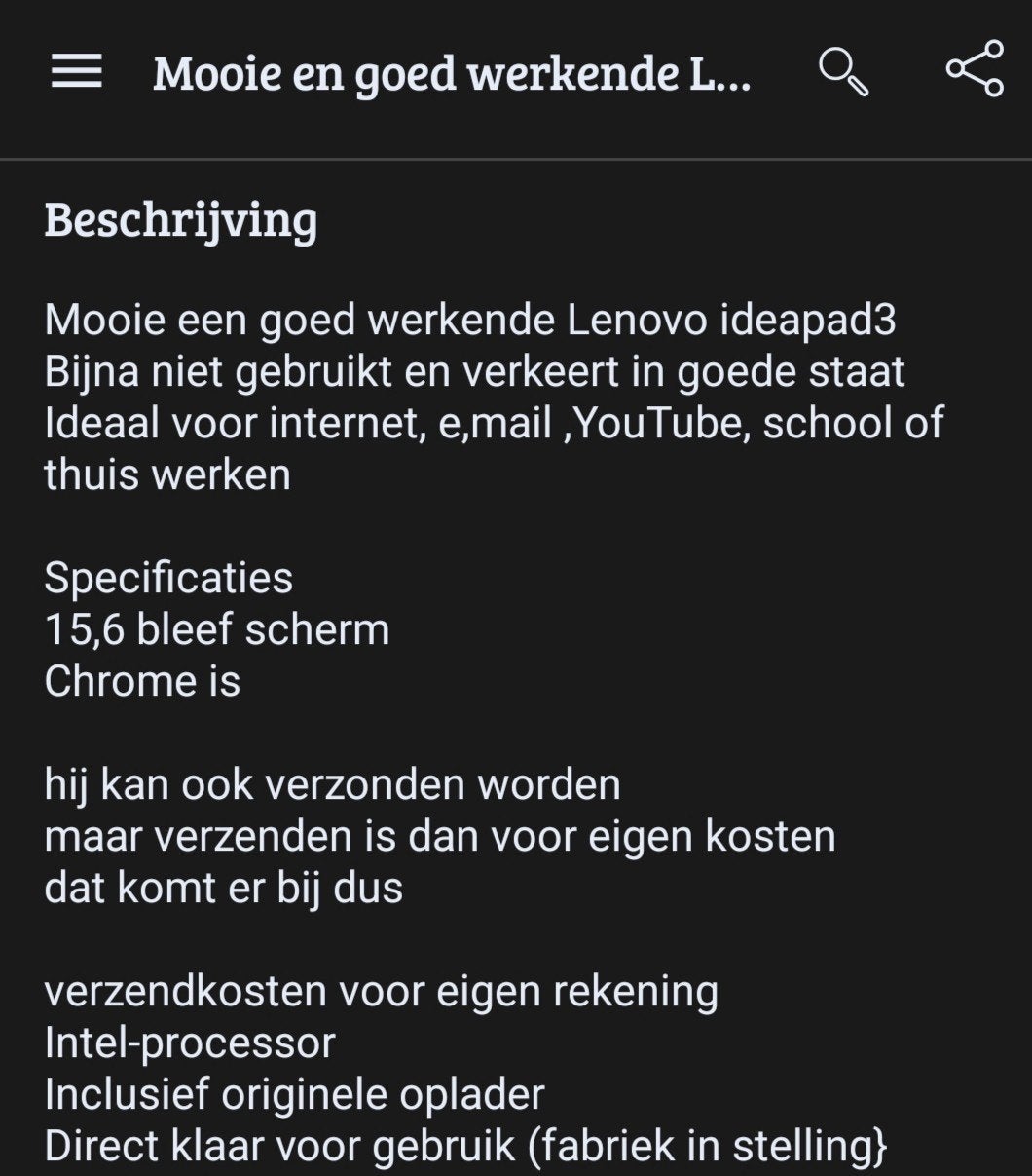 een mooie  Lenovo ideapad3  verkopen om boodschappen te kunn, Ophalen of Verzenden, Zo goed als nieuw, 15 inch, 2 tot 3 Ghz