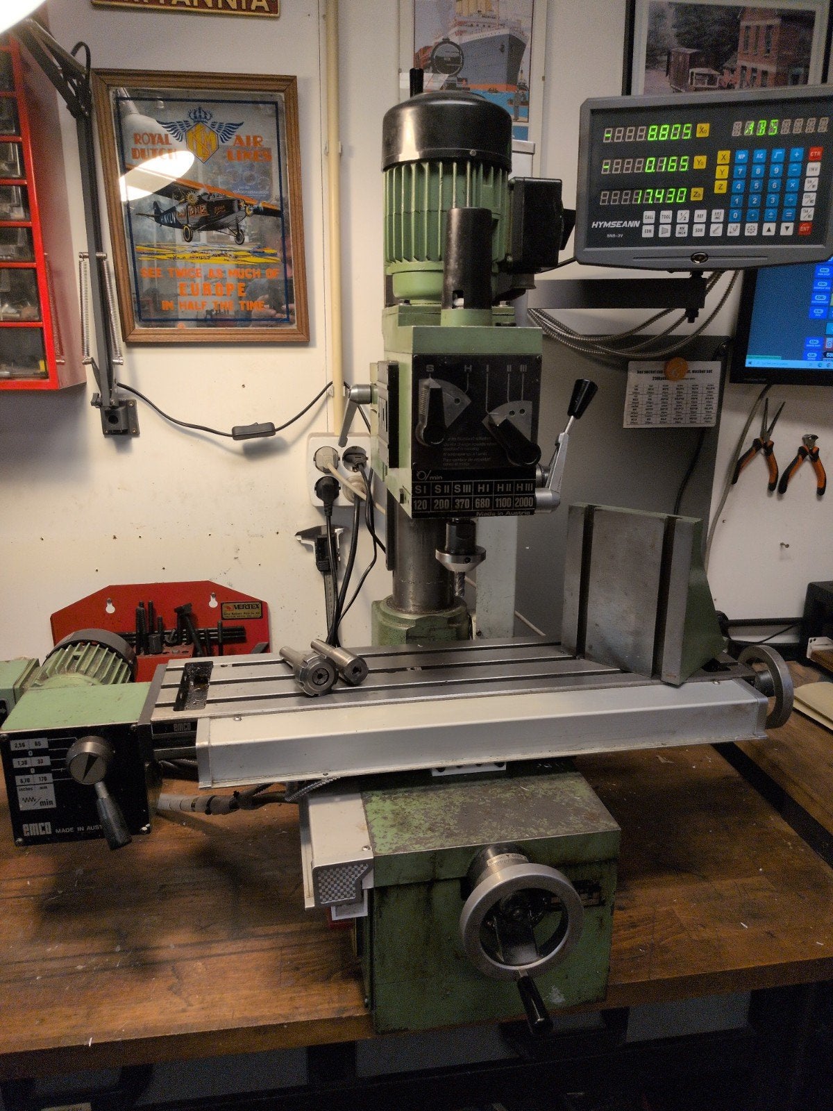 Emco FB-2 freesmachine met digitale uitlezing en werkbank, Ophalen of Verzenden