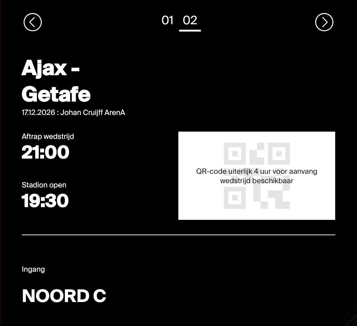 1 kaartje over Ajax - Getafe vak 410, Eén persoon, Augustus