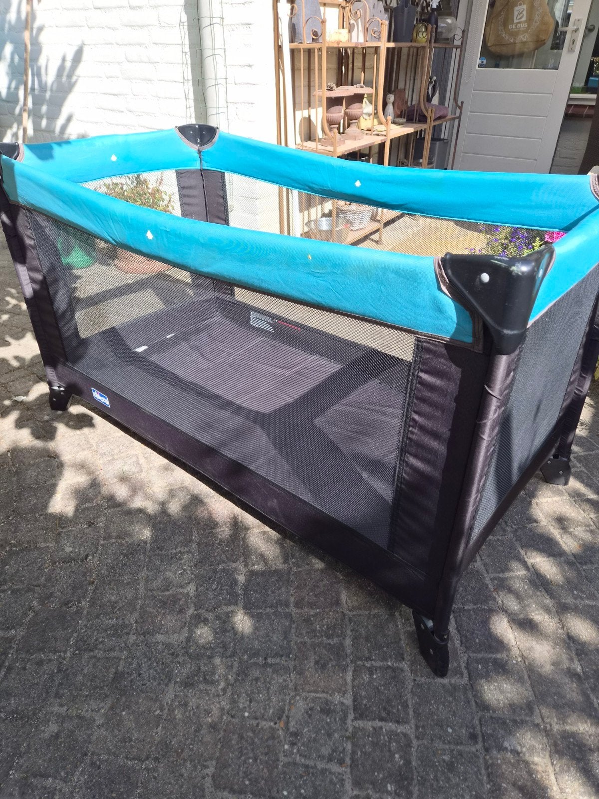 Chicco opvouwbare box/campingbedje - Blauw/Zwart, Ophalen, Gebruikt, Rechthoekig, Wieltjes