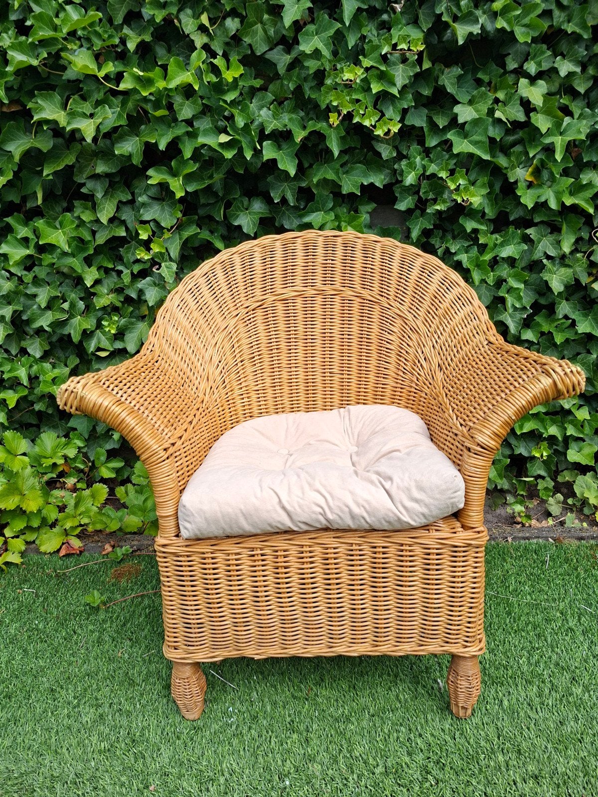 Rotan fauteuil met kussen - Vintage rieten stoel, Ophalen, Gebruikt, Bruin, Riet of Rotan
