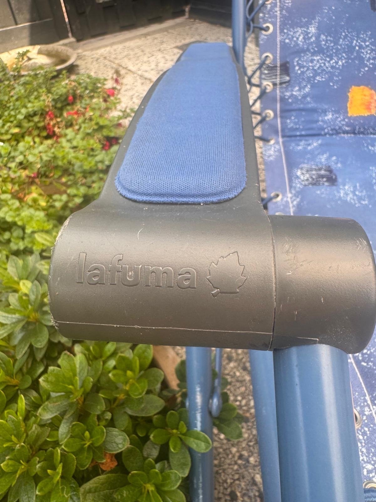 2 Lafuma Relaxstoelen - Blauw met patroon, Ophalen, Gebruikt, Metaal, Inklapbaar
