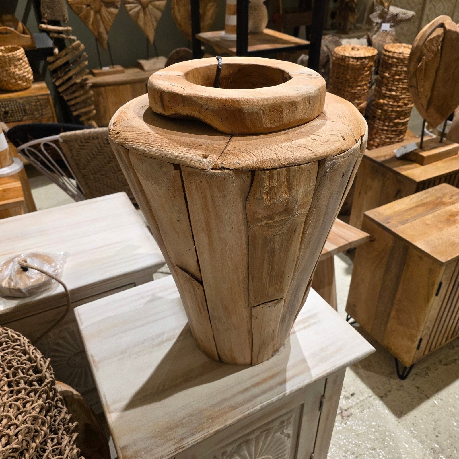 Teak Akar Vaas - 50cm Hoge Houten Decoratieve Vaas, Bruin, Nieuw, Ophalen of Verzenden, Geschikt voor droogbloemen