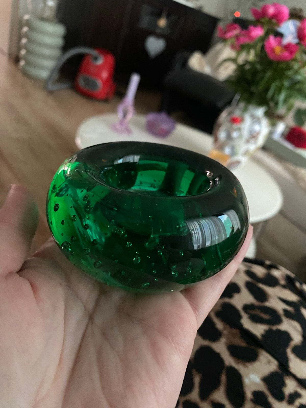 Theelicht houder van groen bubbelglas., Antiek en Kunst, Ophalen of Verzenden