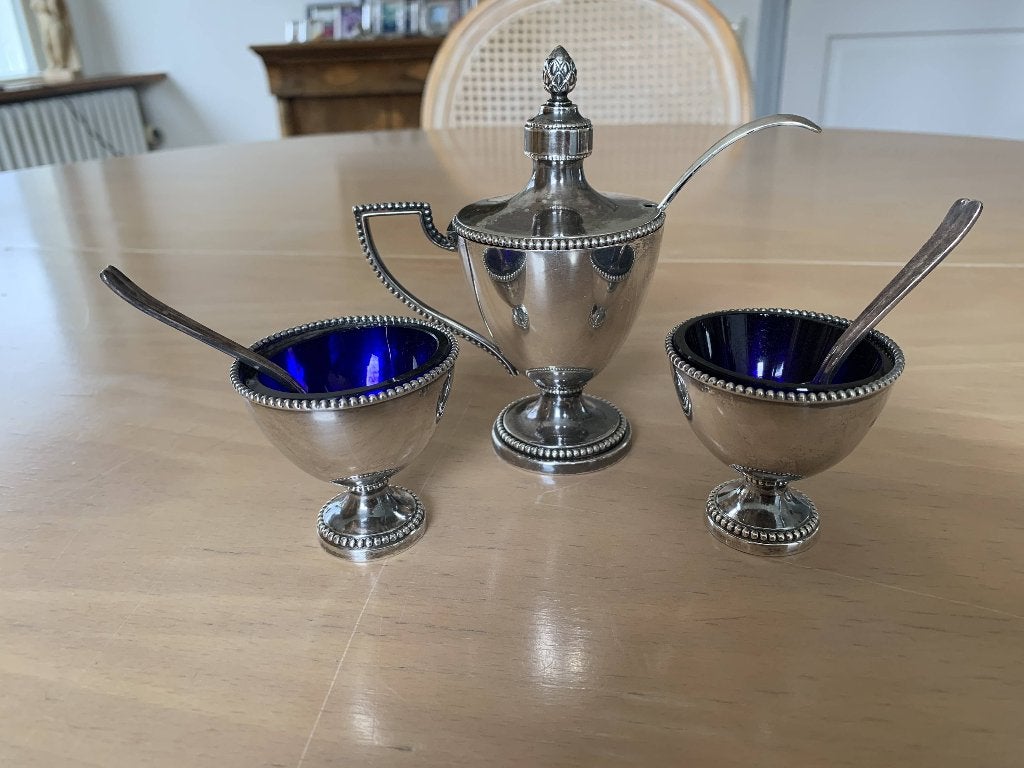 Massief zilveren mosterdpotje en zoutvaatjes, Ophalen of Verzenden, Zilver