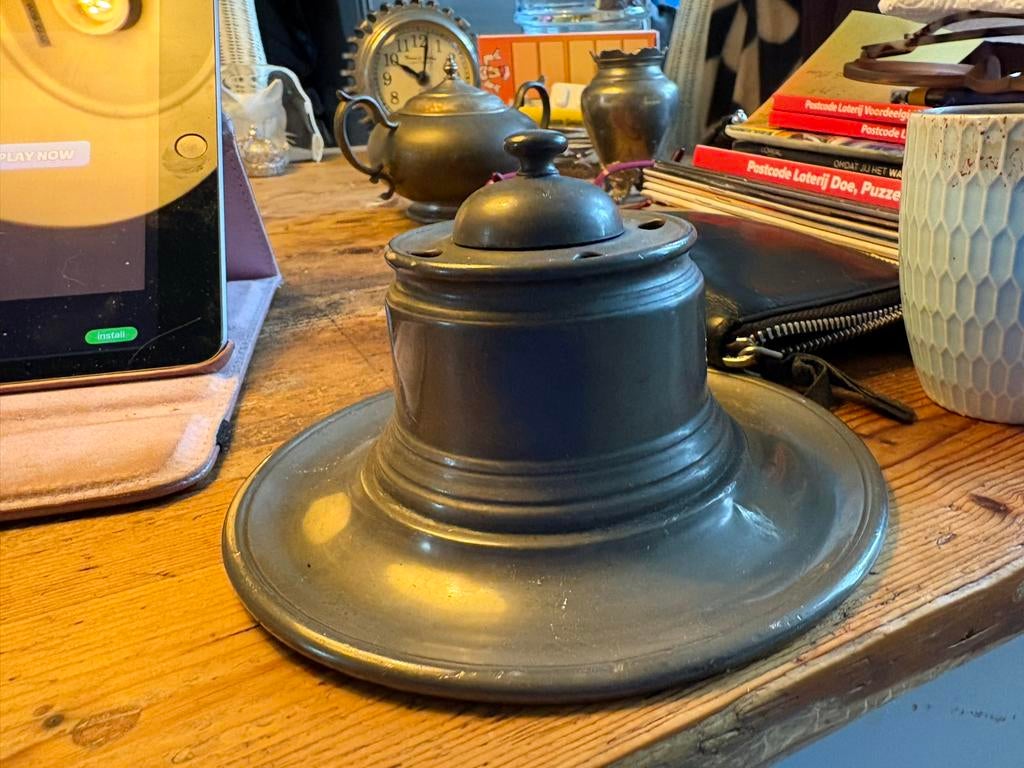 Antiek tinnen inktpotje met deksel - English Pewter, Ophalen of Verzenden