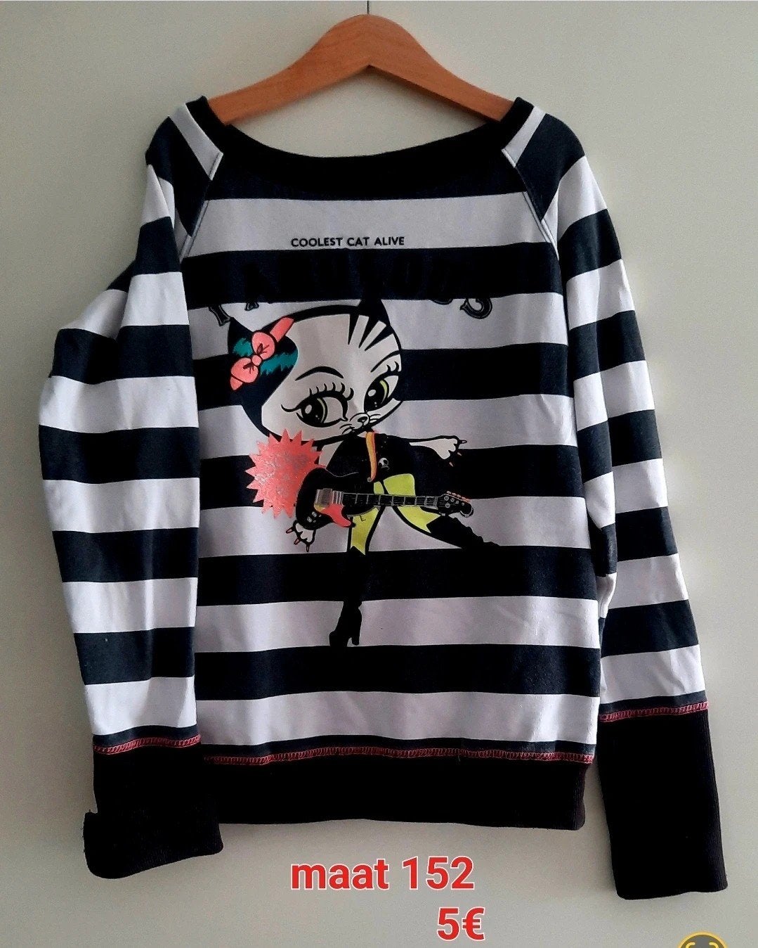 Leuke gestreepte sweater met kattenprint - maat 152, Ophalen of Verzenden, Gebruikt, Meisje, Shirt of Longsleeve