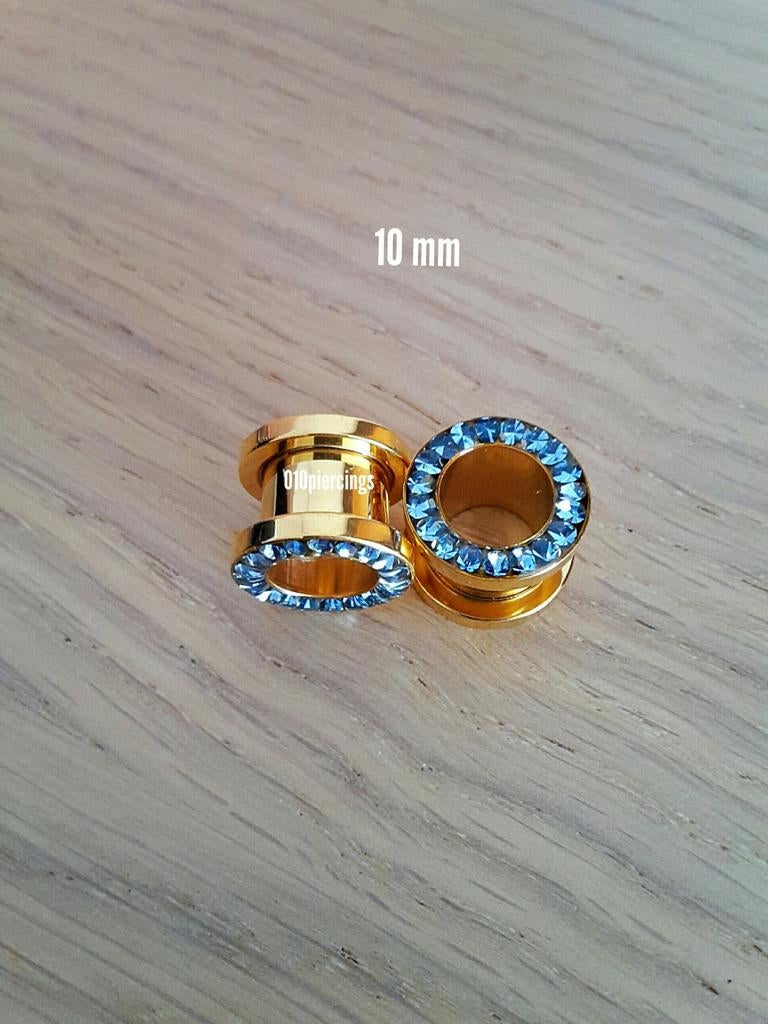 Nieuwe tunnels. Staal. Goud. Epoxy. Blauwe steentjes. 14 mm., Ophalen of Verzenden, Zo goed als nieuw, Staal, Oor- of Traguspiercing