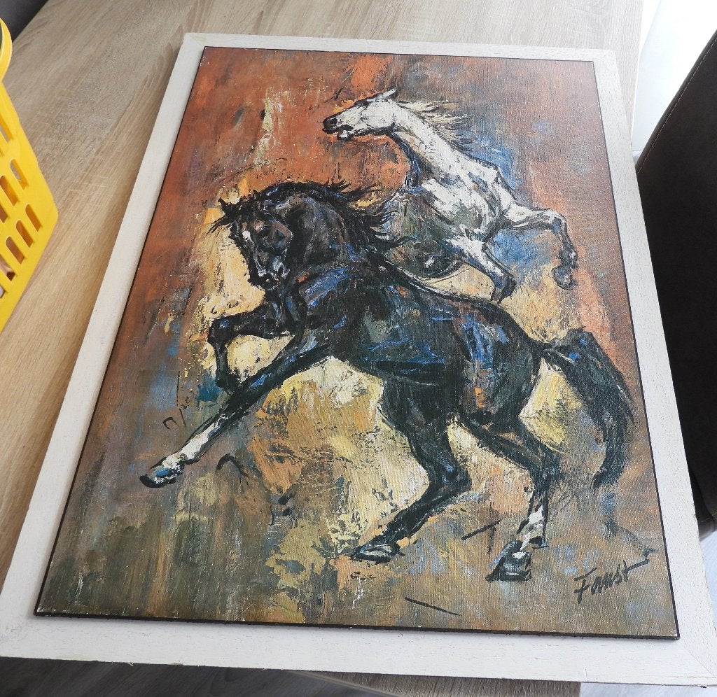 Schilderij op hout - Gesigneerd Faust - Rennende paarden, Antiek en Kunst, Ophalen, Paneel, Overige stijlen, Dieren