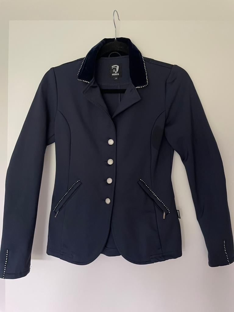 Donkerblauw wedstrijd jasje maat 34, Dieren en Toebehoren, Paardrijkleding, Kinderen, Overige soorten, Ophalen of Verzenden, Zo goed als nieuw