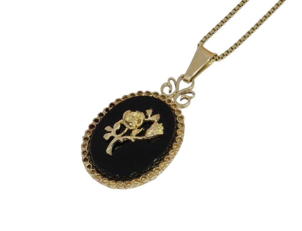 Onyx bloem 14k gouden ketting hanger vintage fraai luxe