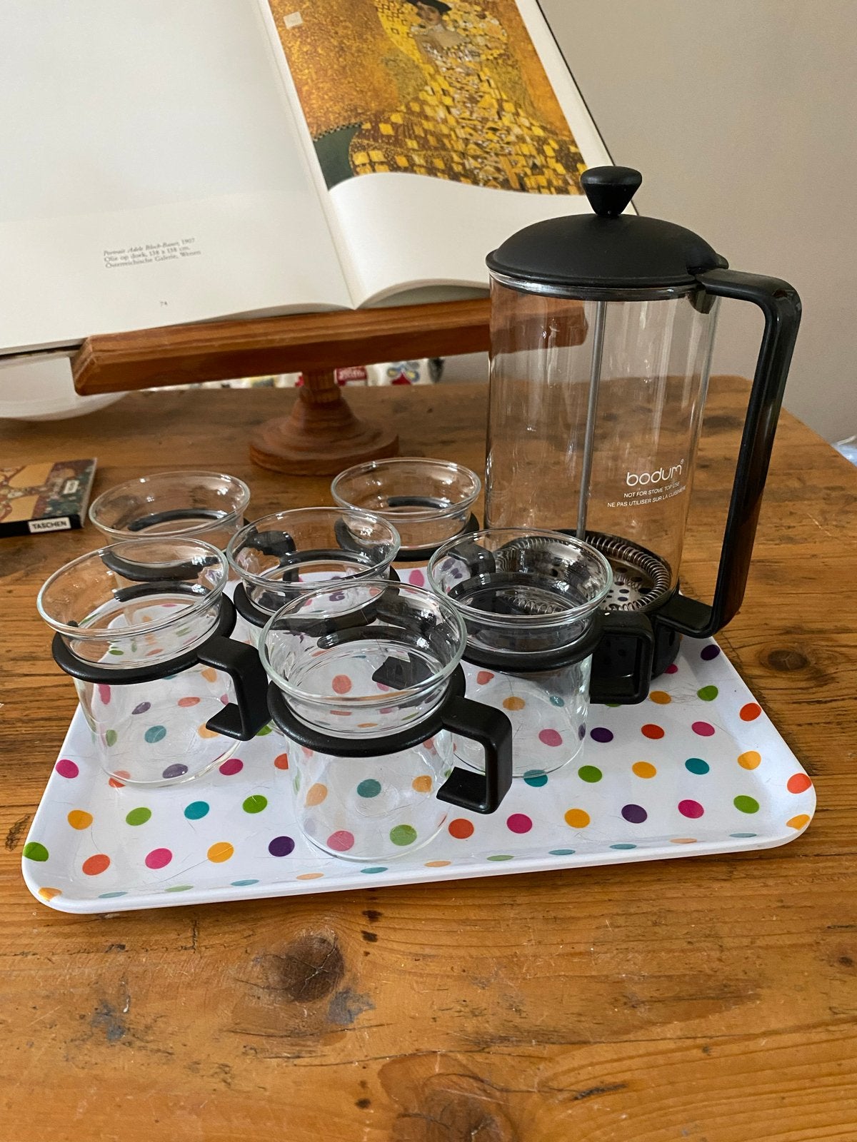 Vintage Bodum French Press Set met 6 Glazen, Bodum, Ophalen of Verzenden, Zwart, Glas