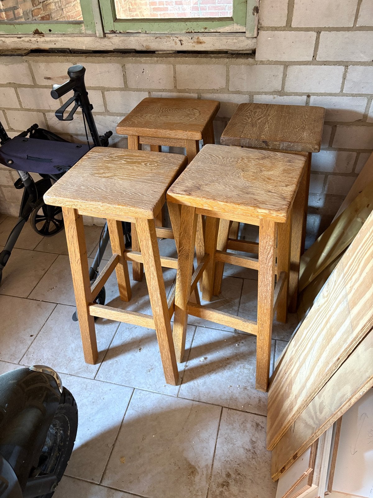 6 massief eiken barkrukken, Ophalen, 90 cm of meer, Hout, Gebruikt