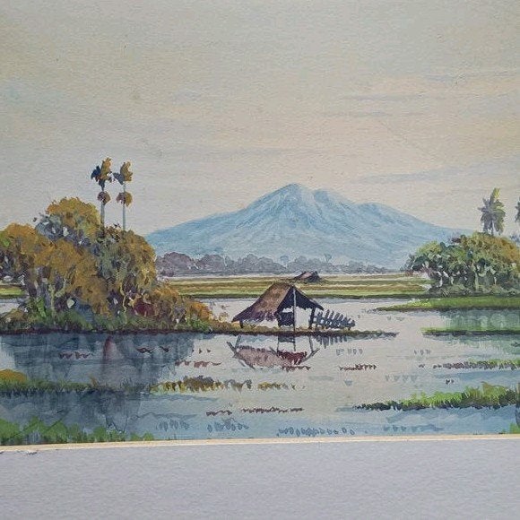 Mooi Indie Kandi Schilderij - Landschap met vulkaan, Schilderij, Ophalen of Verzenden, Indonesië, Meerkleurig