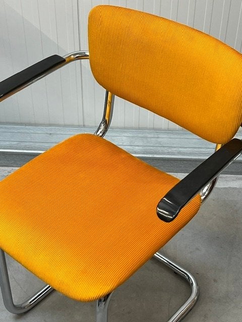Jaren 70 sledestoel vintage eetkamerstoel geel ribstof retro, Gebruikt, Overige kleuren, ., Overige materialen