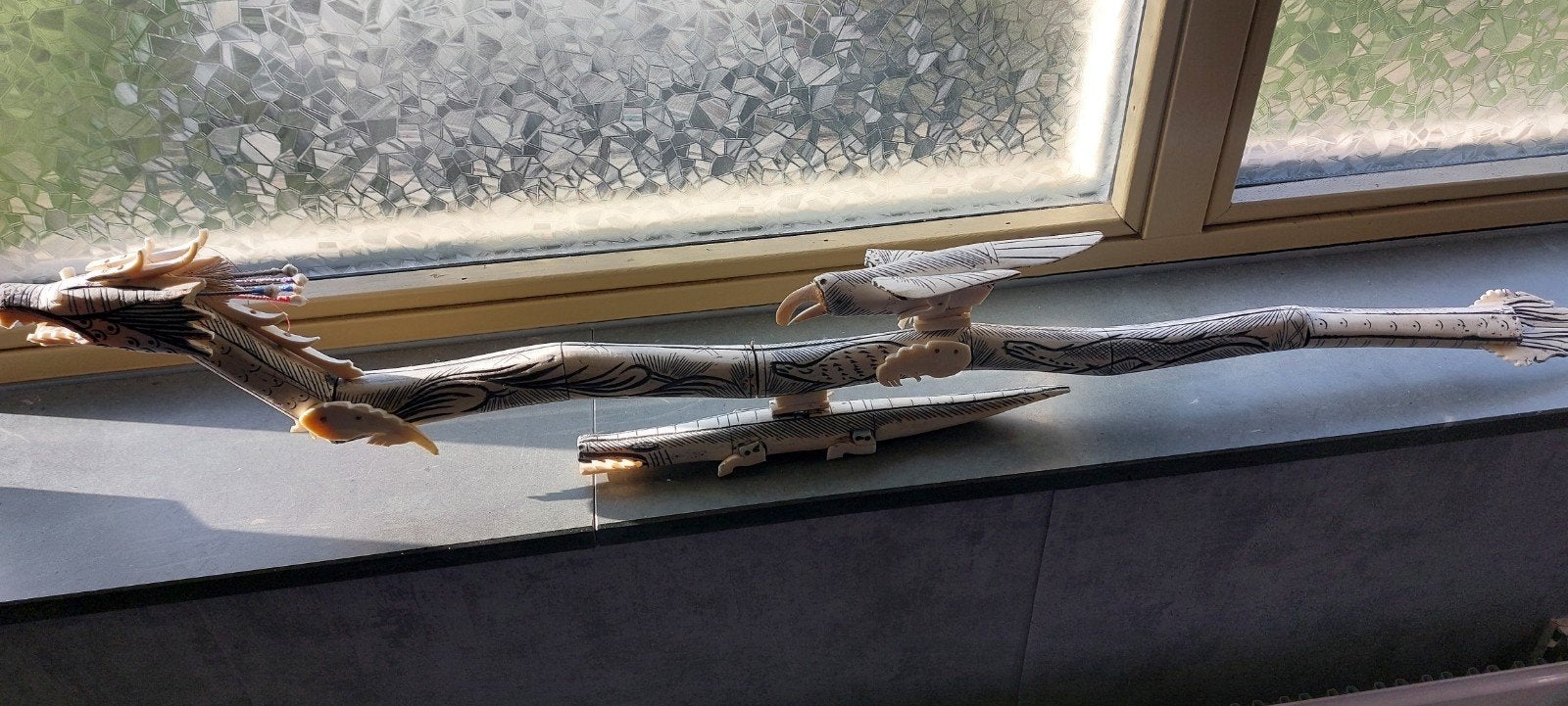 Traditionele handgesneden 2 stuksblaaspijp van bot uit Indon, Gesneden, Natuurlijk materiaal, Beige, Overige typen