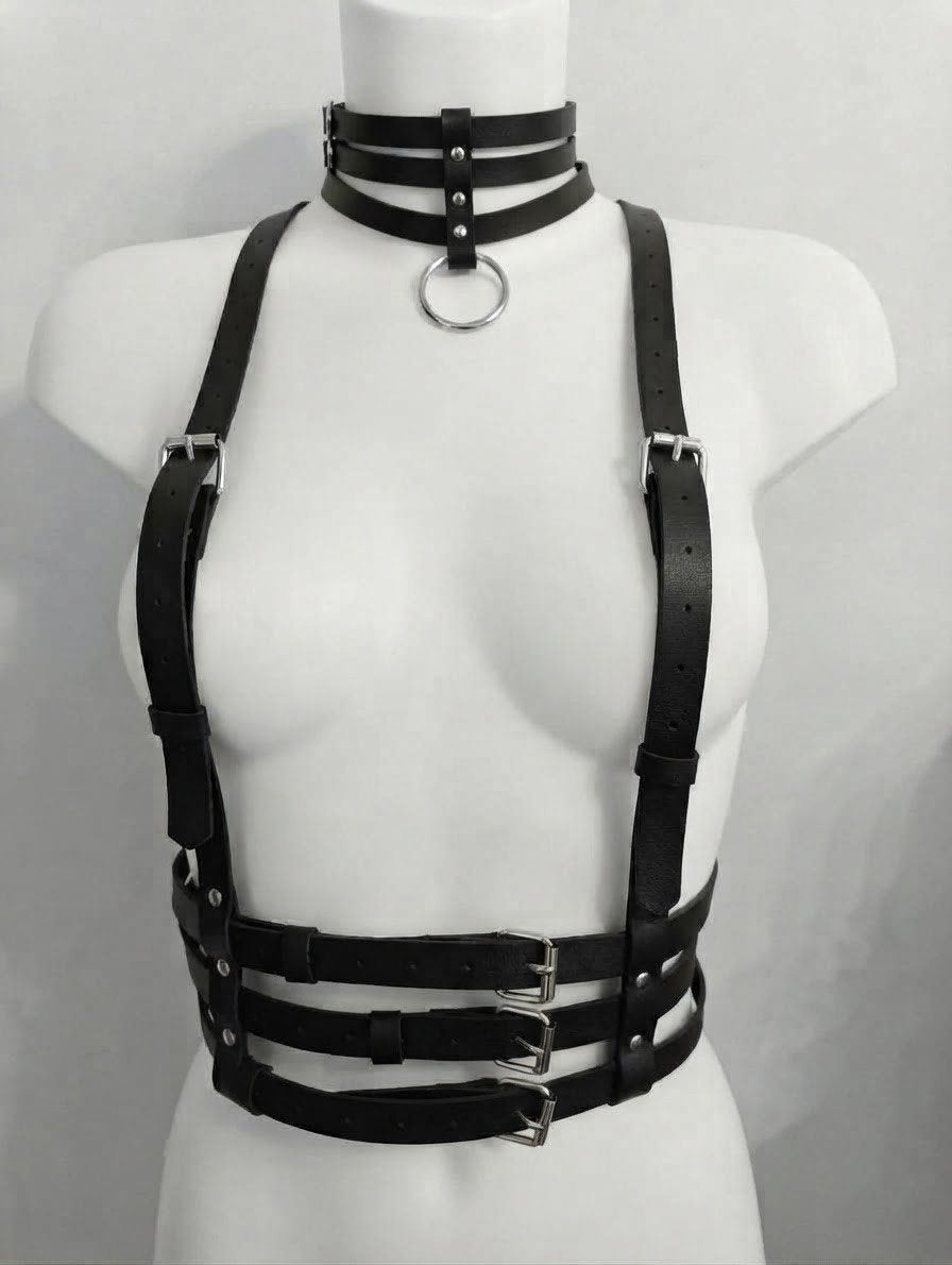 Zwarte Leren Harnas met Halsband - Verstelbaar, Onbekend, Ophalen of Verzenden, Nieuw