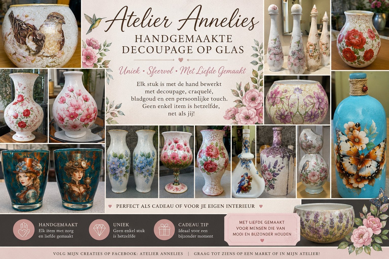 Unieke handgemaakte decoupagestukken op glas, Antiek en Kunst, Ophalen of Verzenden