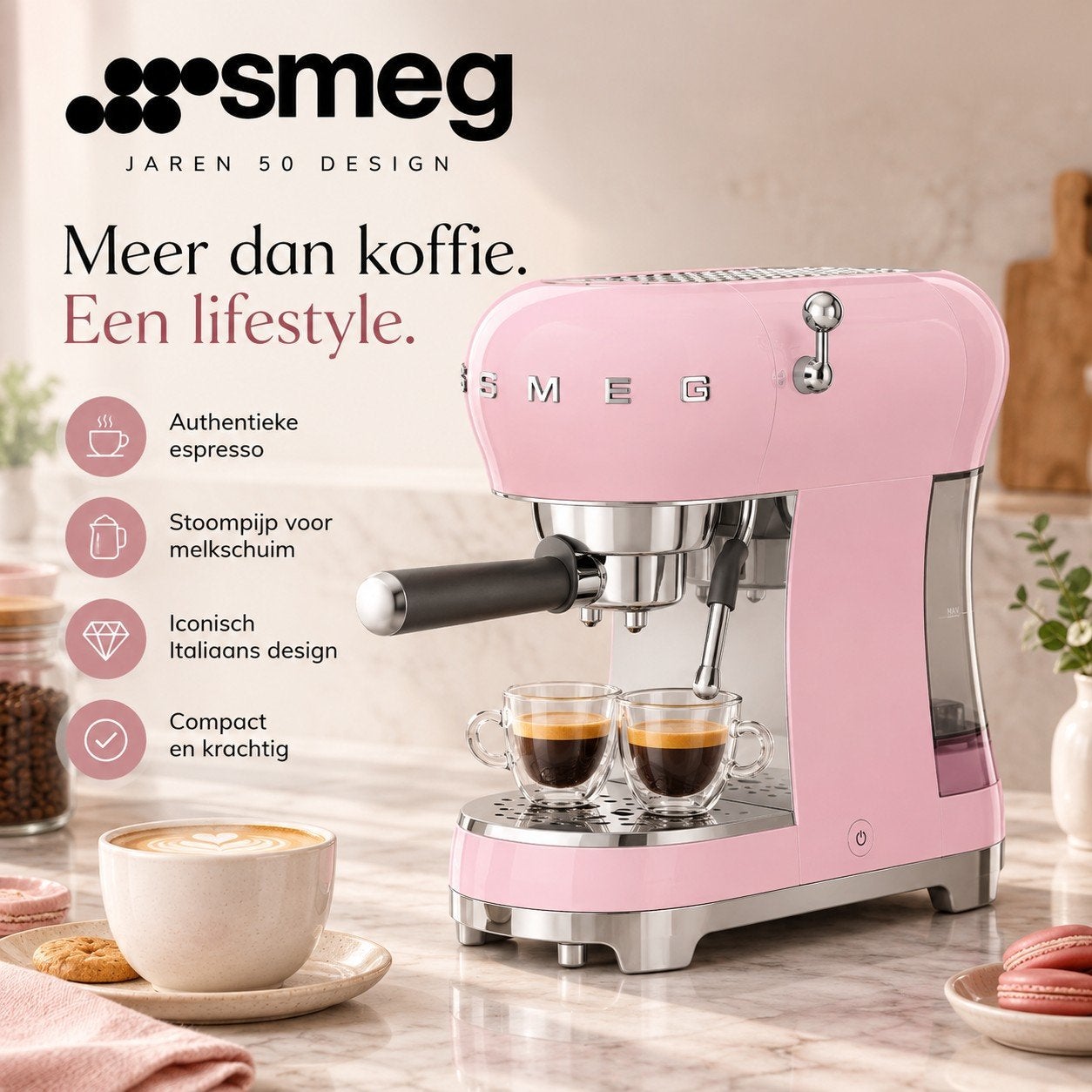 SMEG ECF02PKEU Roze 50’s Style Espressomachine, Ophalen of Verzenden, Zo goed als nieuw, Koffiemachine, Gemalen koffie
