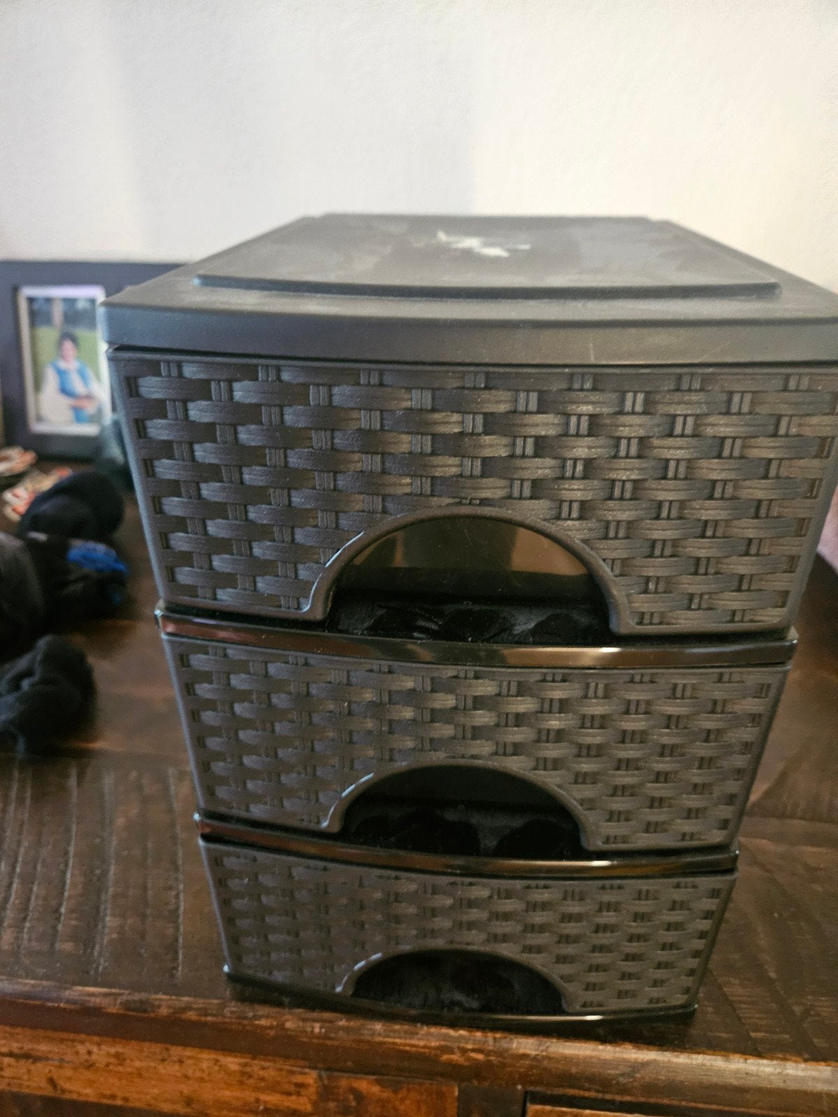 antraciet kleurige opbergbox met 3 lades, rotan look, Ophalen, Gebruikt