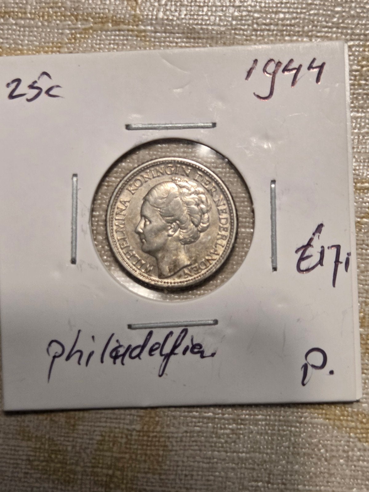 Zilveren 25 Cents Munt 1944 Koningin Wilhelmina Philadelphia, Zilver, 25 cent, Ophalen of Verzenden, Koningin Wilhelmina