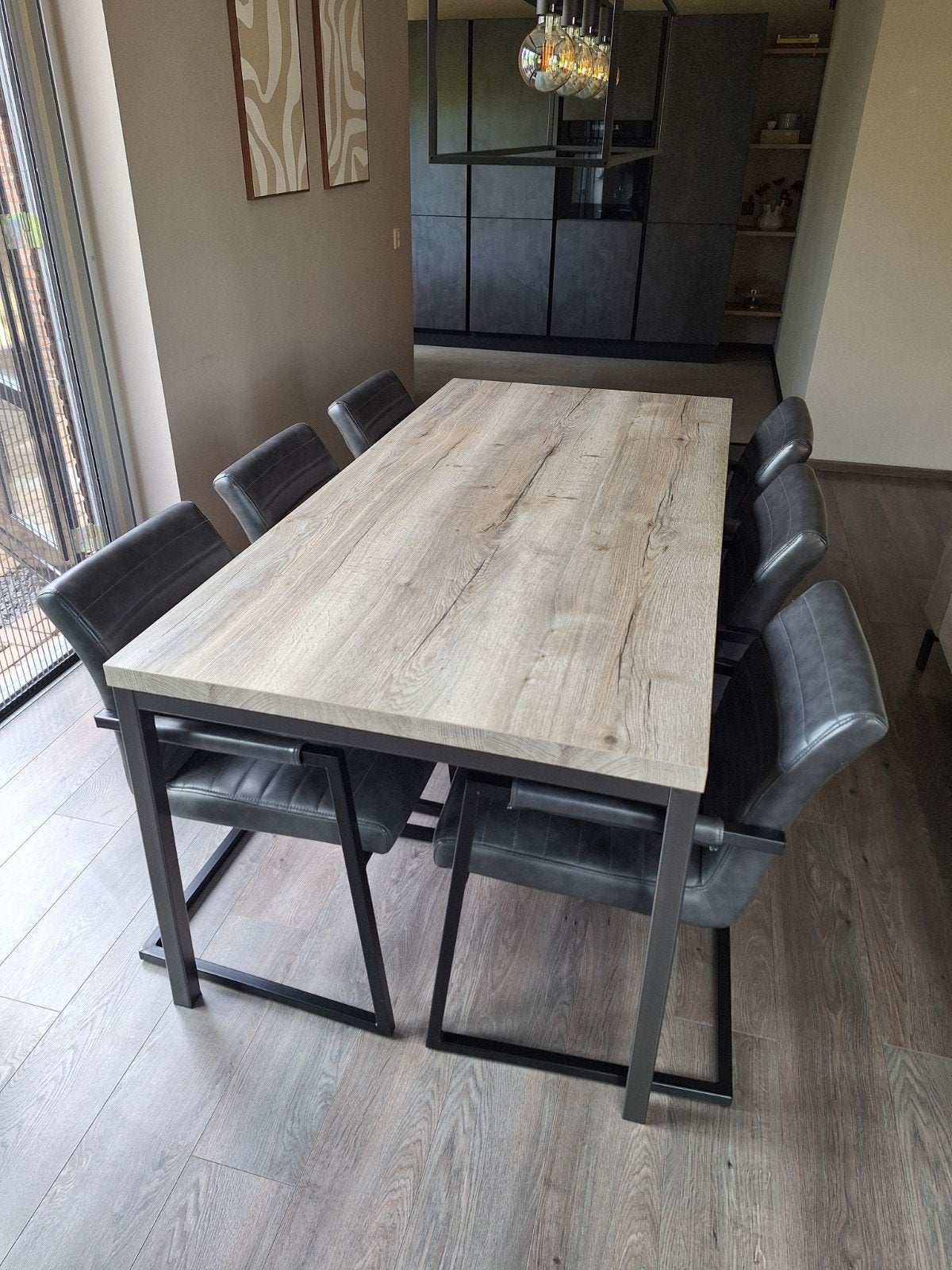 Industriële eettafel 190x90 met 6 stoelen - Pronto Wonen, Huis en Inrichting, Tafels | Eettafels, Gebruikt, 50 tot 100 cm, Vijf personen of meer