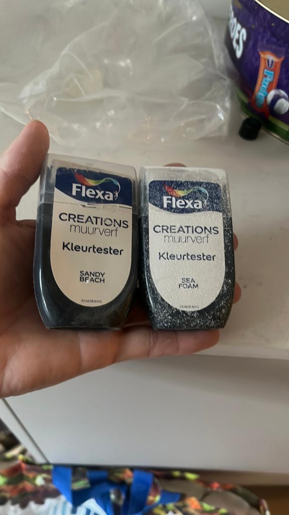 Kleurtester flexa sandy beach en sea foam, Gebruikt, Overige kleuren, Ophalen of Verzenden, Verf
