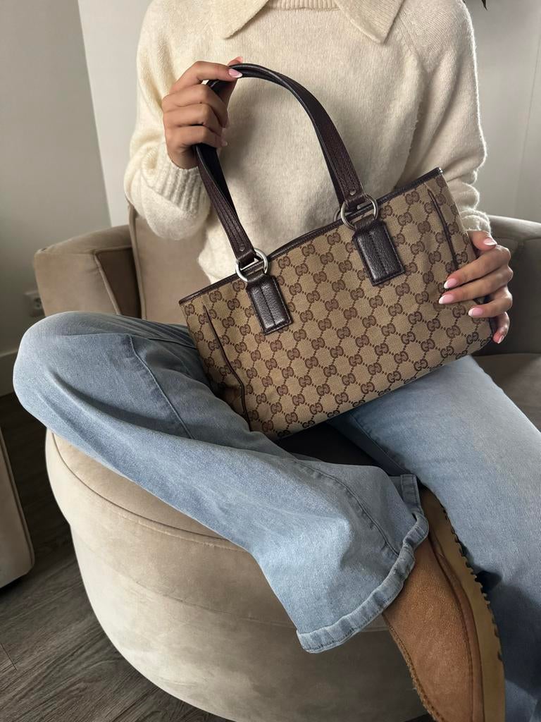 Gucci Canvas Leather Tote Bag met serienummer, Ophalen of Verzenden, Gebruikt, Bruin, Shopper