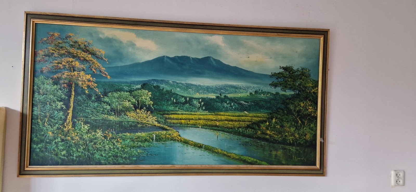 Schilderij met berglandschap en rijstvelden, Antiek en Kunst, Handgeschilderd, Doek, Realistisch, Ophalen of Verzenden