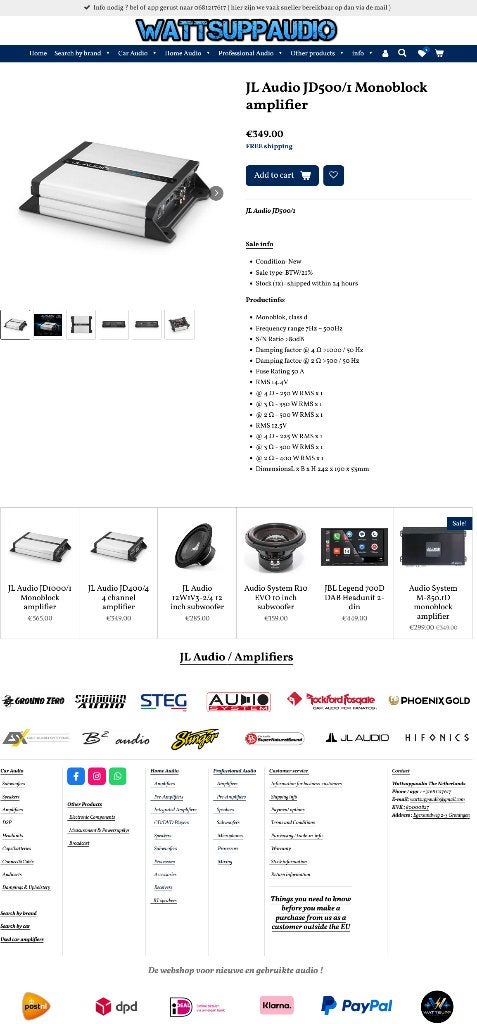 JL Audio JD500/1 Monoblok versterker 500W RMS @ 2 ohm, Auto diversen, Autospeakers, Hifi-Focus, Aalsmeerderweg 173 1432 CL, Aalsmeer
