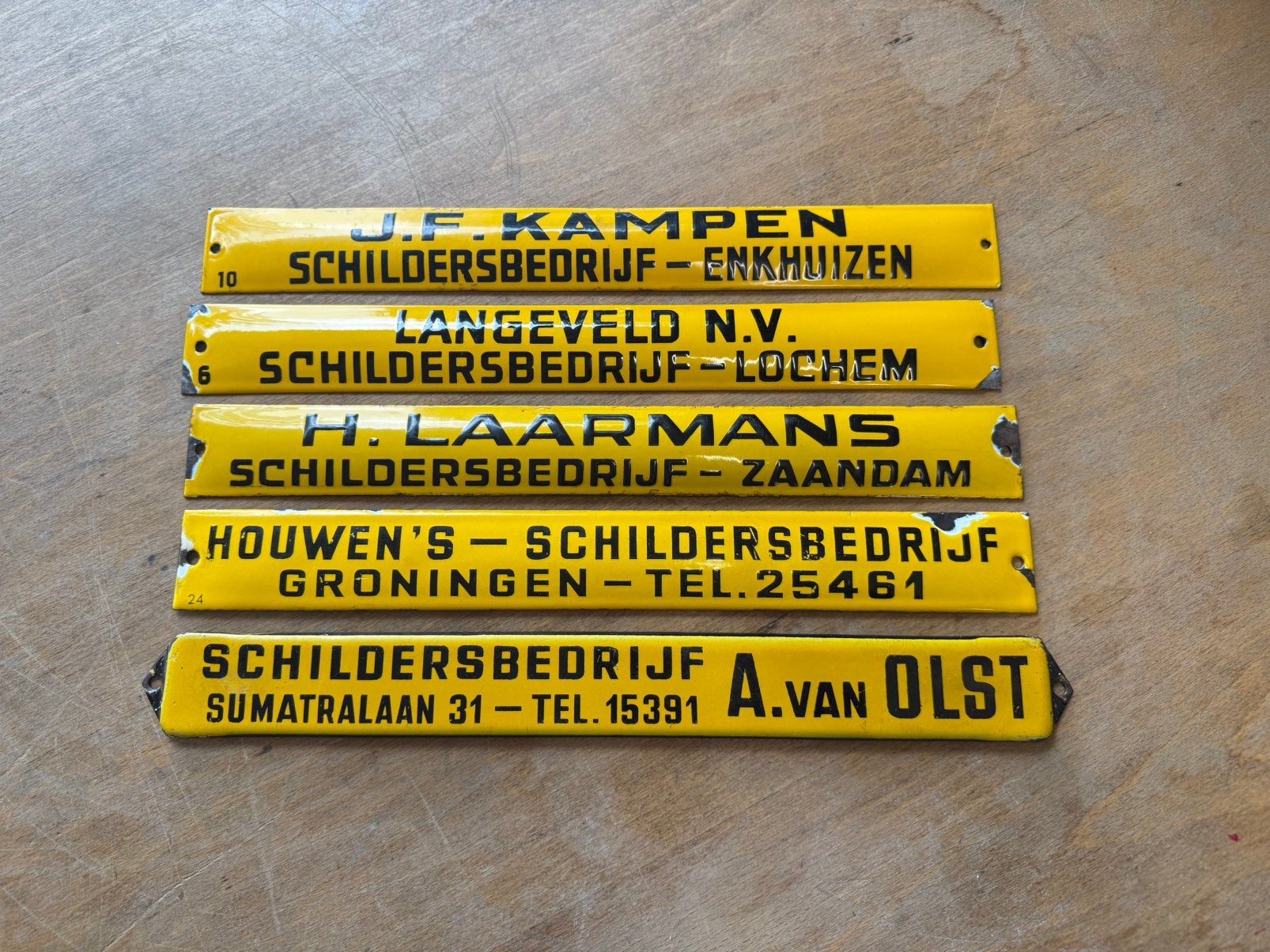 5 x oud emaille reclame bordje verf schilder ladder bordjes, Ophalen of Verzenden, Zo goed als nieuw, Reclamebord