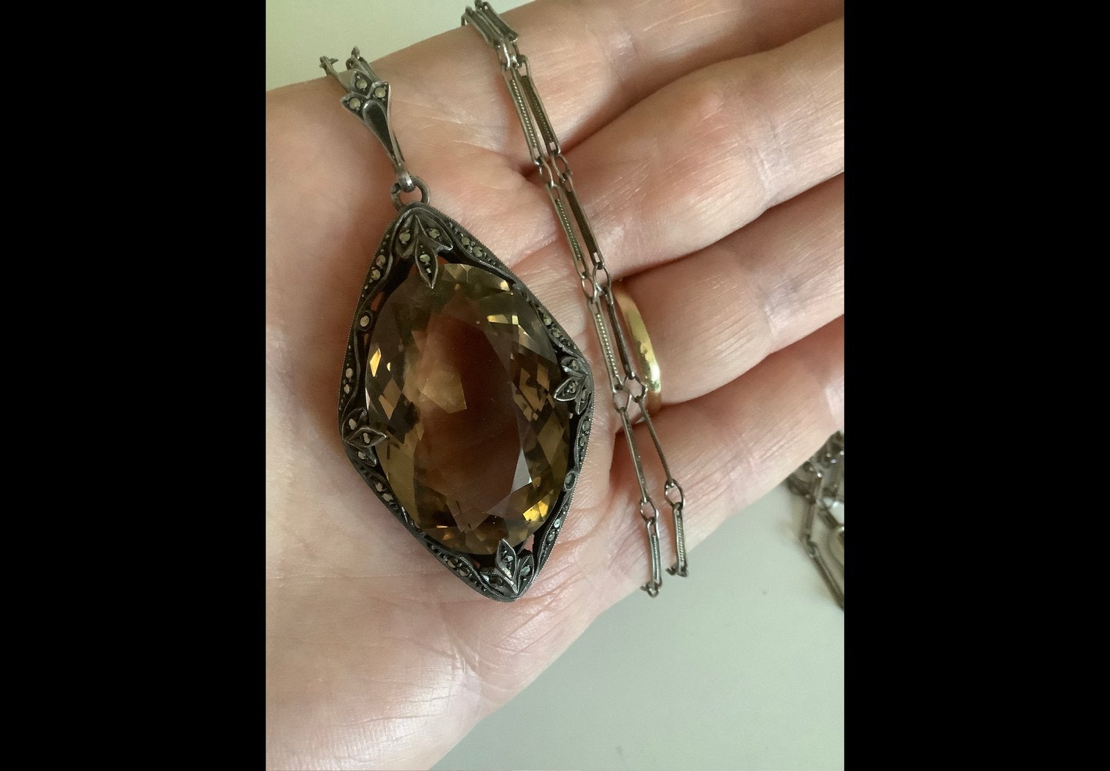 ART DECO  zilveren set Kettinghanger ketting Rookkwarts, Overige voorstellingen, Verzenden, Zo goed als nieuw, Met edelsteen