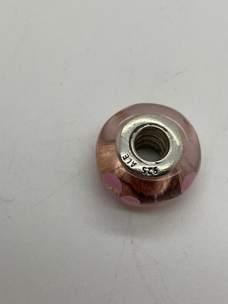 D378 Pandora zilveren glaskraal roze met bloem, Sieraden, Tassen en Uiterlijk, Bedels, Pandora, Ophalen of Verzenden, X, Zilver