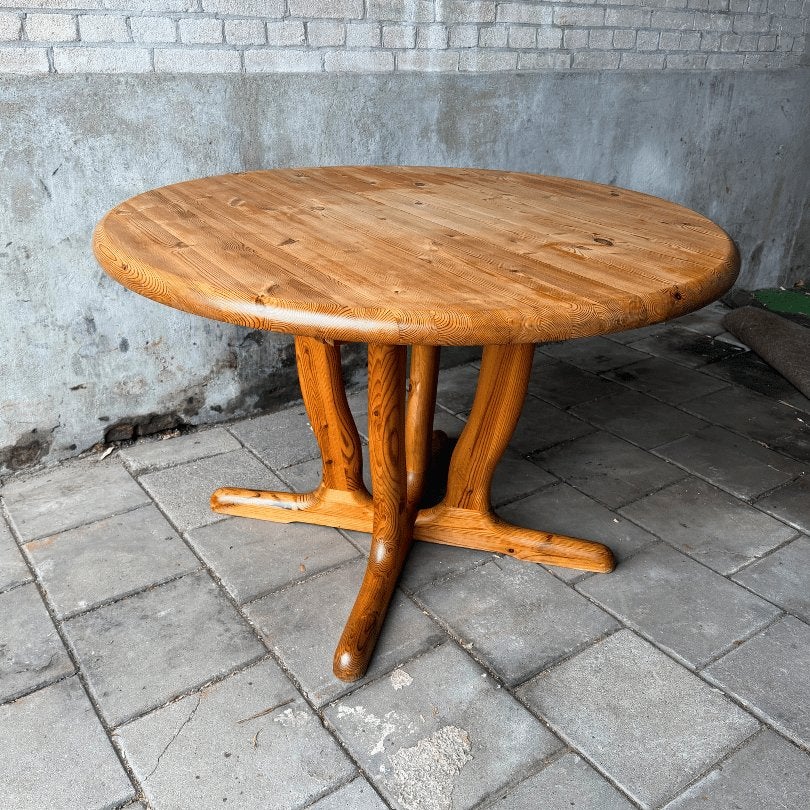 Vintage verlengbare eettafel rond, grenen Daumiller, Dyrlund, Huis en Inrichting, Ophalen, Gebruikt, Midcentury modern, Vijf personen of meer