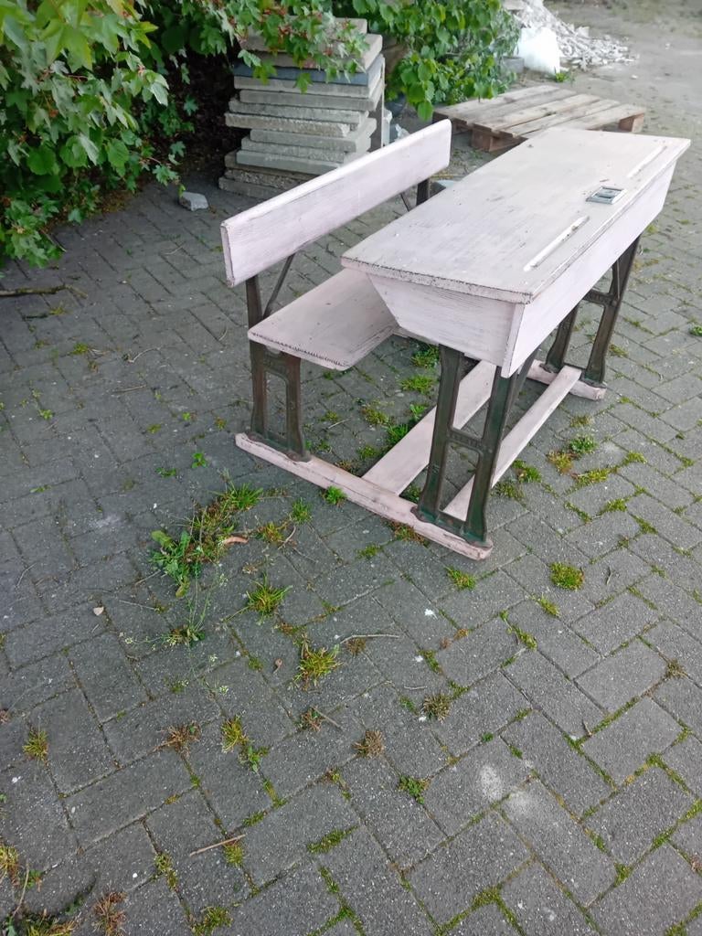 Vintage schoolbankje met bankje - Roze, Ophalen