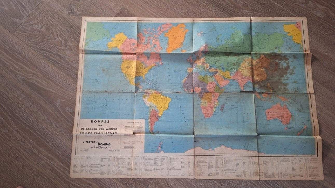 Oude Wereldkaart Kompas - De Landen der Wereld, Boeken, Atlassen en Landkaarten, Ophalen of Verzenden, Gelezen, 1800 tot 2000