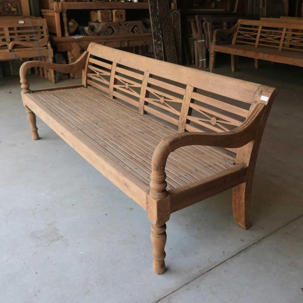 Antieke teak bank RQ7 landelijk hout stationsbank tuin Ibiza, Antiek en Kunst, Ophalen of Verzenden