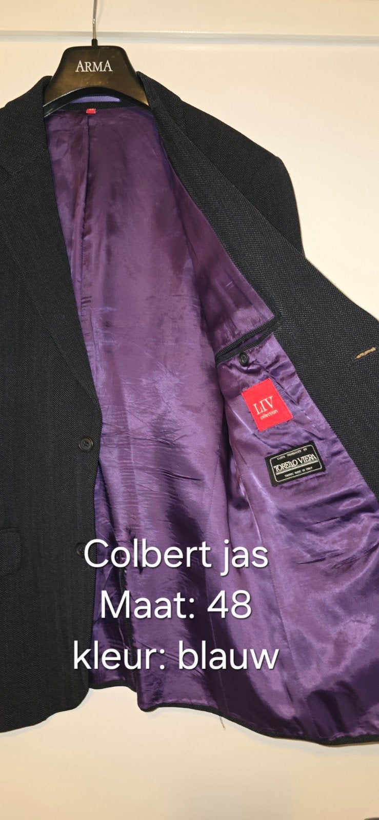 Donkerblauwe blazer met paarse voering, maat 48, ARMA, Gedragen, Verzenden, Maat 48/50 (M)