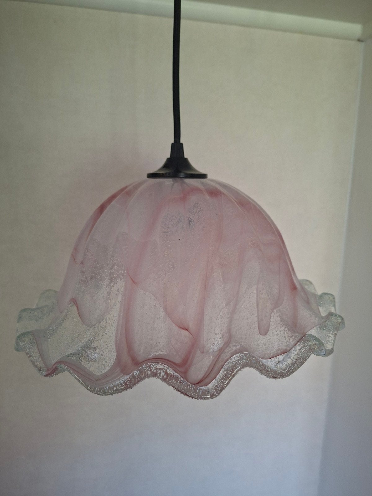 Vintage roze graniglia glazen hanglamp – Murano-stijl – Ø 29, Gebruikt, Glas, E27 (groot), Vintage Murano