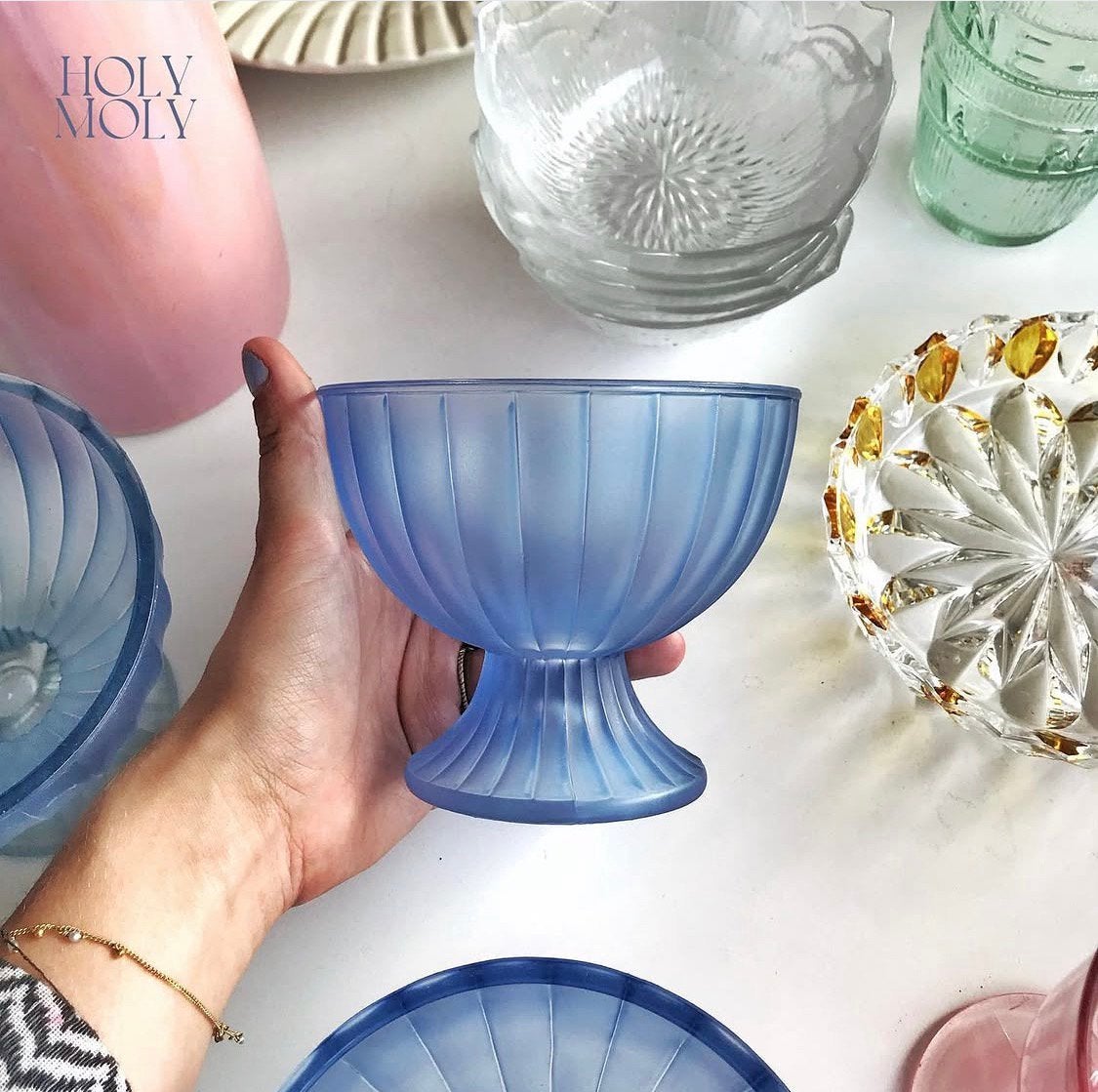 3 blauwe glazen ijscoupes, Ophalen, Glas of Glazen, Overige stijlen, Glas