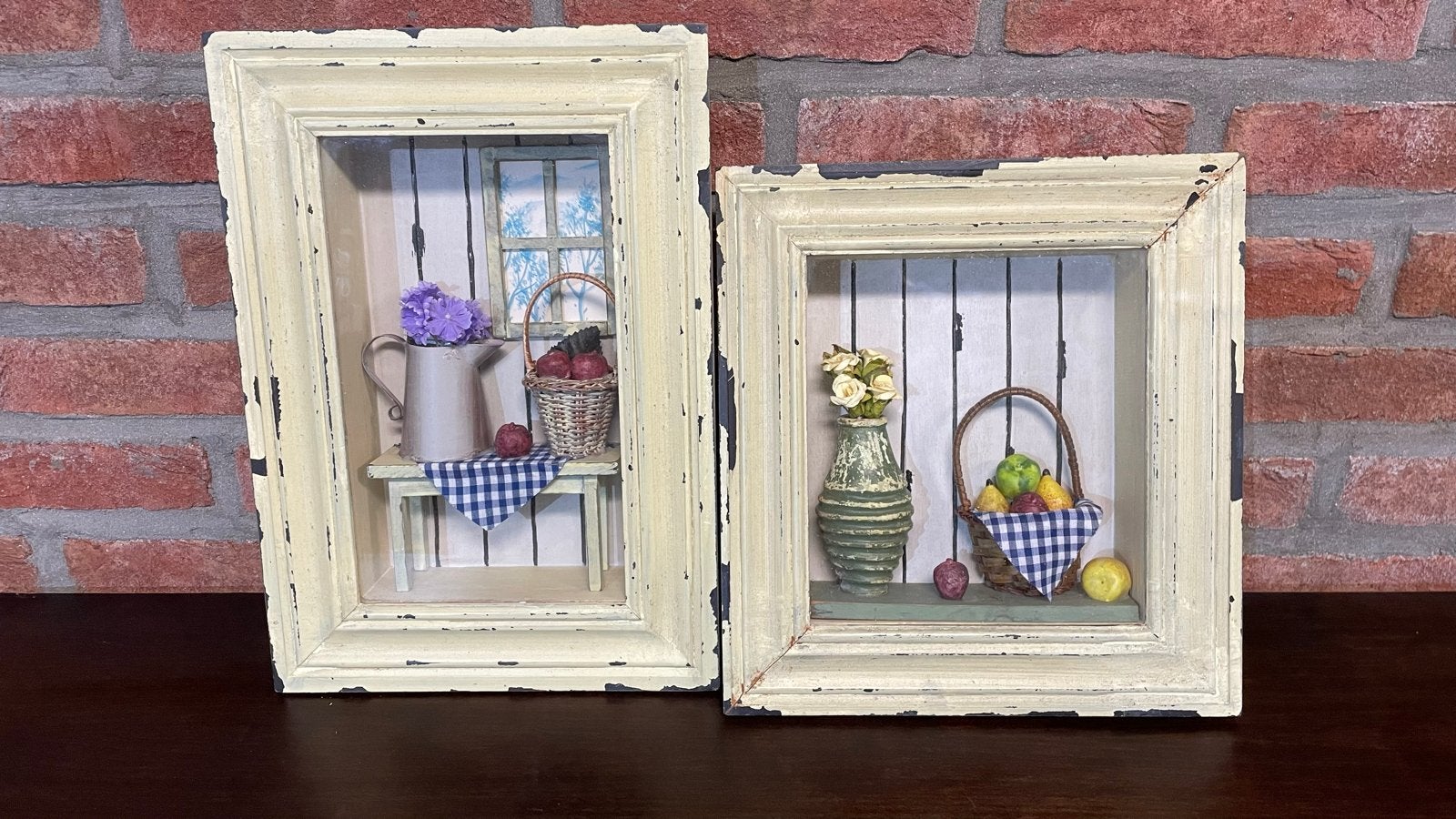 Set van 2 landelijke 3D-schilderijen met fruit en bloemen, Ophalen, Hout, Gebruikt, Meerkleurig