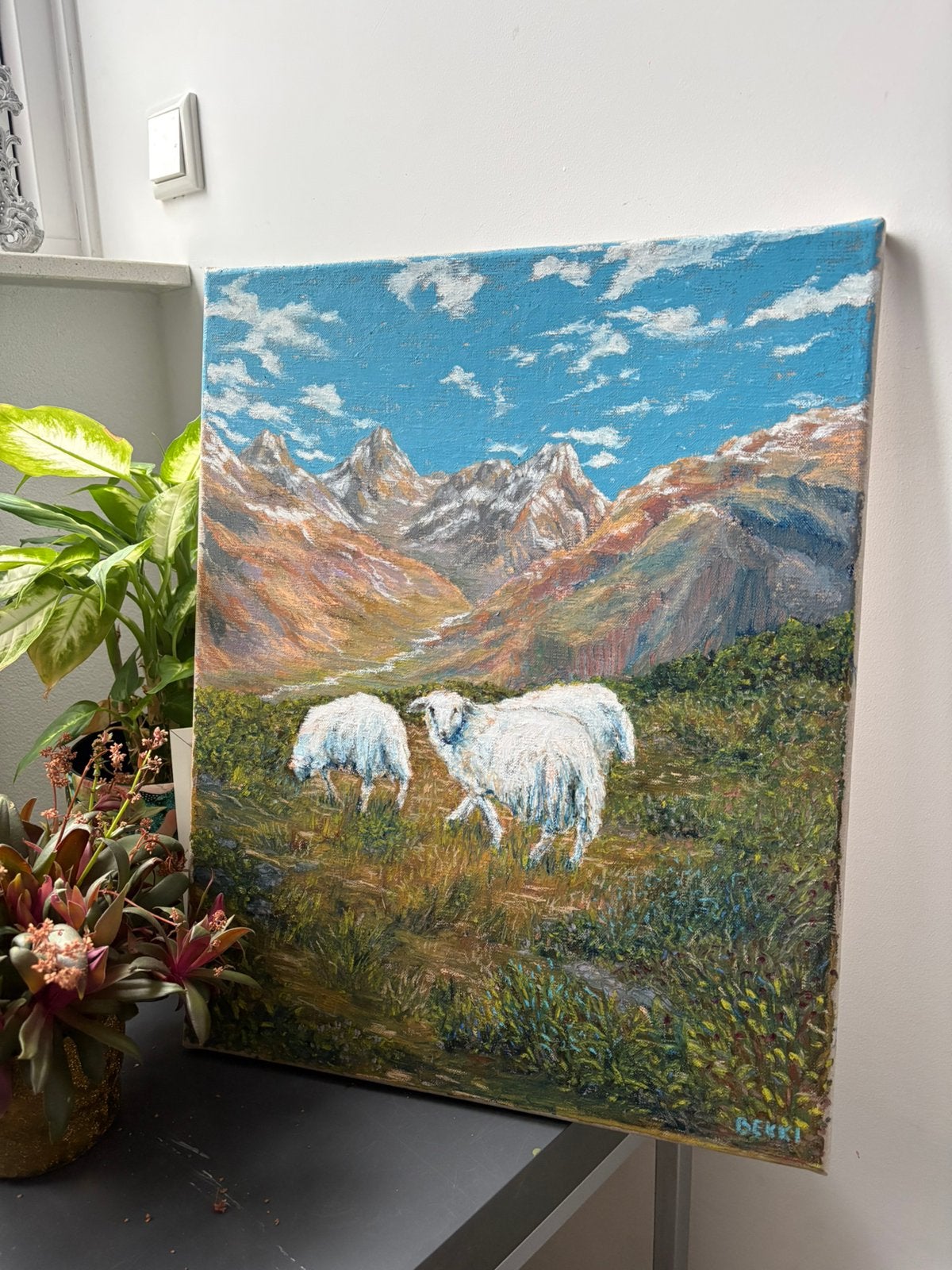 Schilderij gebergte landschap met schapen handgemaakt, Ophalen of Verzenden
