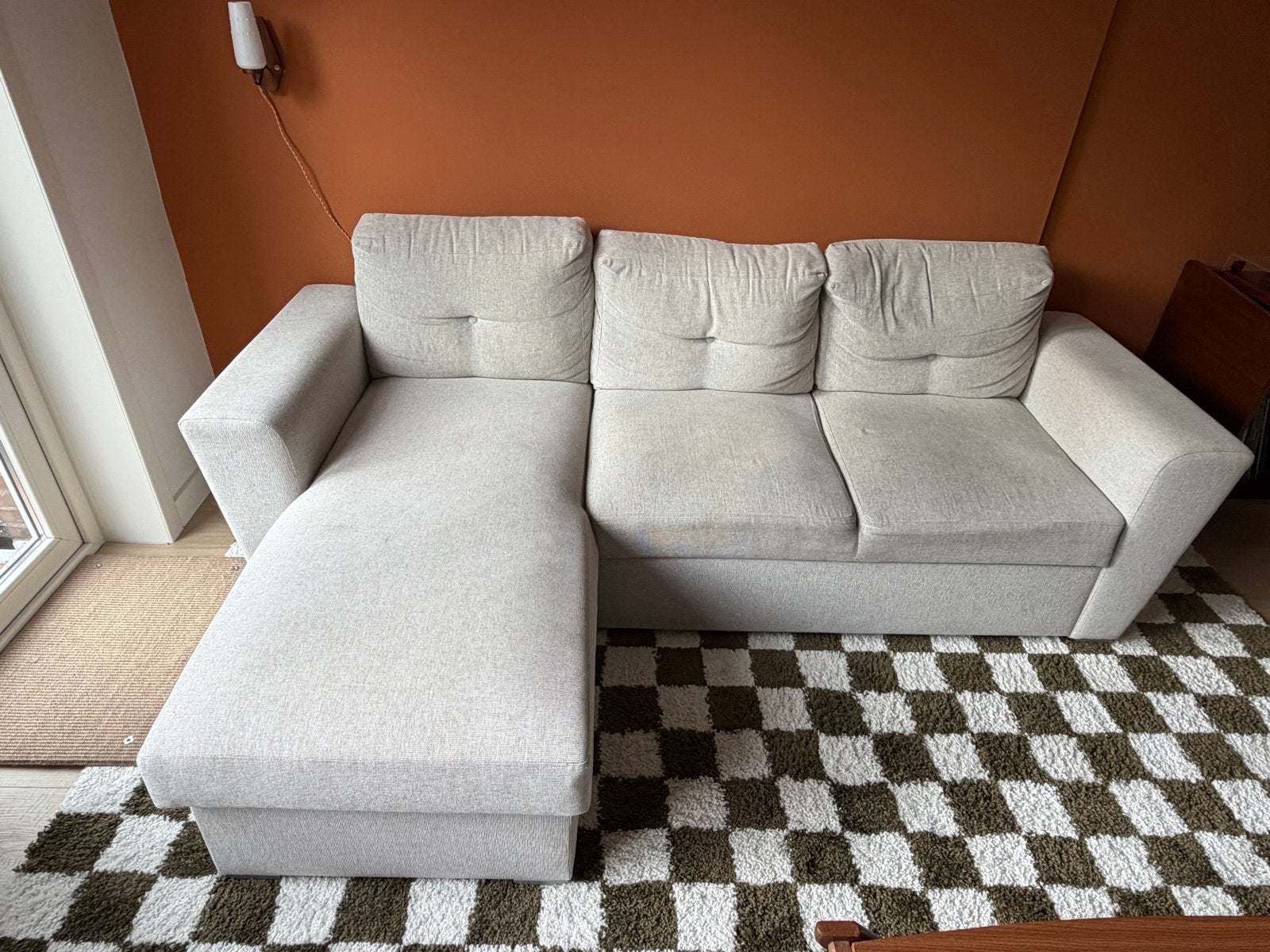 Slaapbank chaise longue VEJLBY licht zand met opbergruimte, Ophalen, Gebruikt, Beige, Tweepersoons