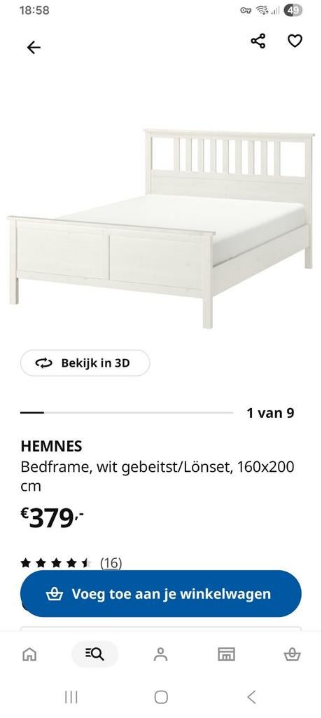Ikea Hemnes bed 160x200 cm inclusief lattenbodems, Ophalen, Gebruikt, Wit, Tweepersoons