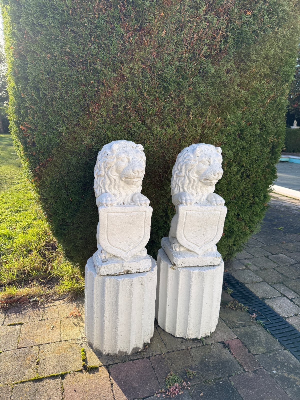 Twee nette tuinbeelden: leeuwen, Ophalen, Gebruikt, Beton, Dierenbeeld