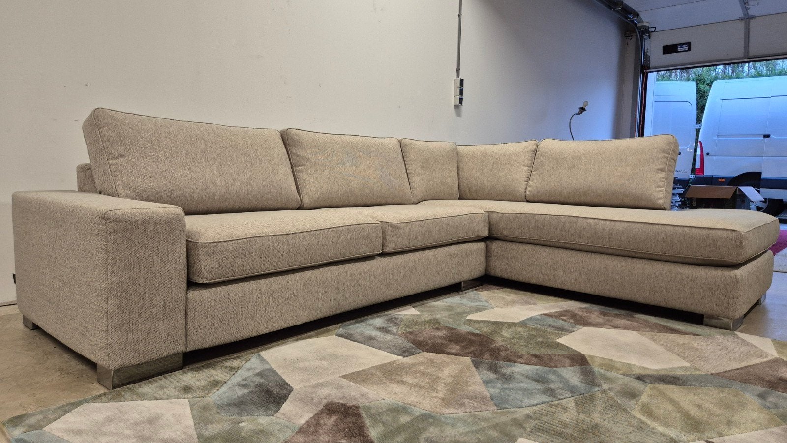 Ecru gemêleerde Goossens design hoekbank in perfecte staat!, 250 tot 300 cm, Hoekbank, Ophalen of Verzenden, Zo goed als nieuw