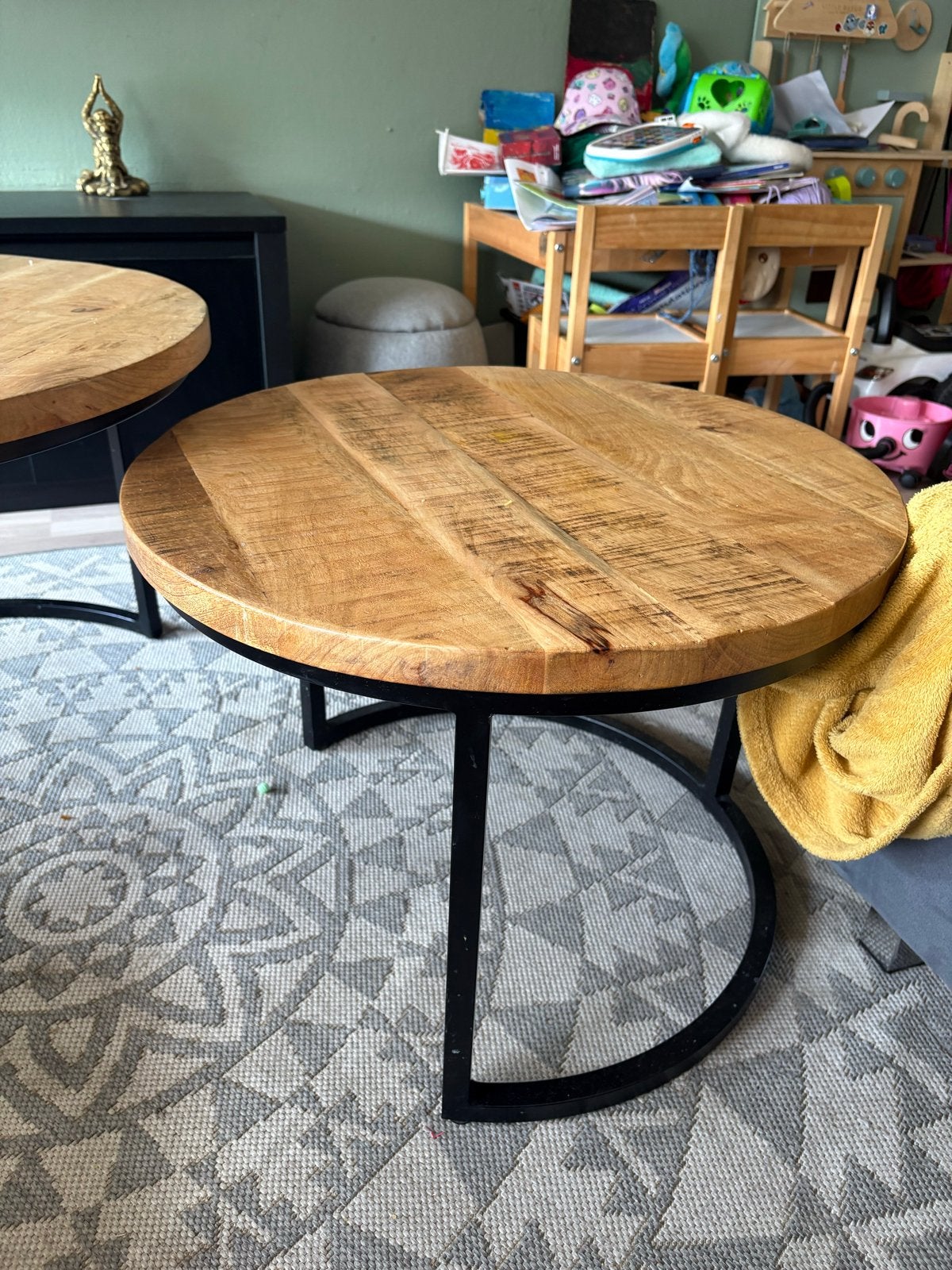 Set van 2 ronde salontafels, mangohout en metaal, Ophalen, Rond, 50 tot 100 cm, Zo goed als nieuw