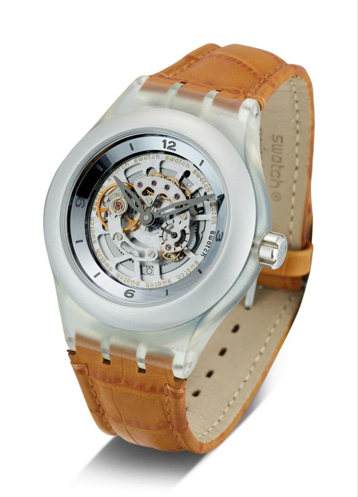Swatch Diaphane One Carousel Tourbillon (ref. SVAK1001), Ophalen, Kunststof, Leer, Polshorloge