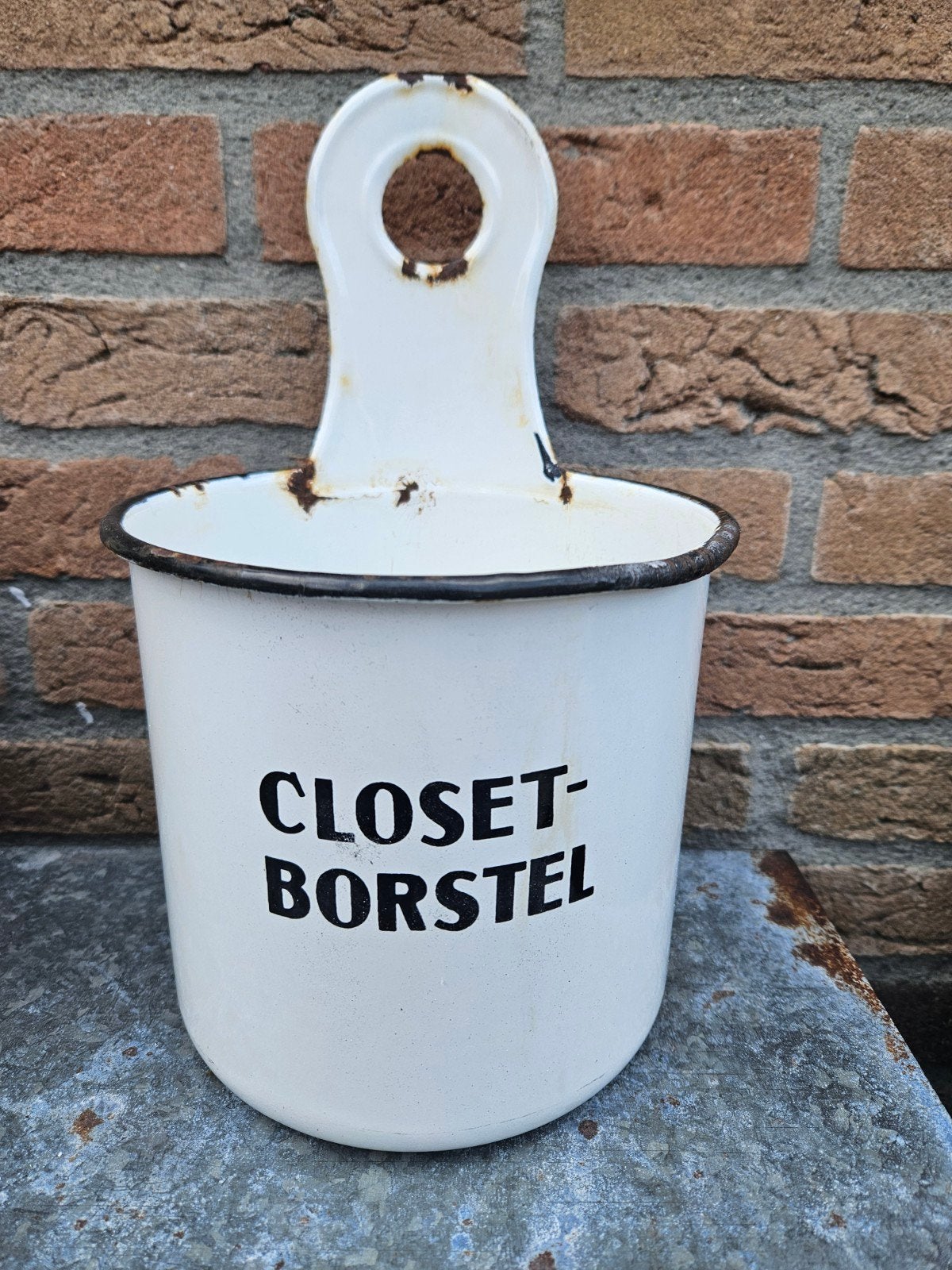 Vintage emaille houder - closetborstelhouder - toiletborstel, Antiek en Kunst, Ophalen of Verzenden